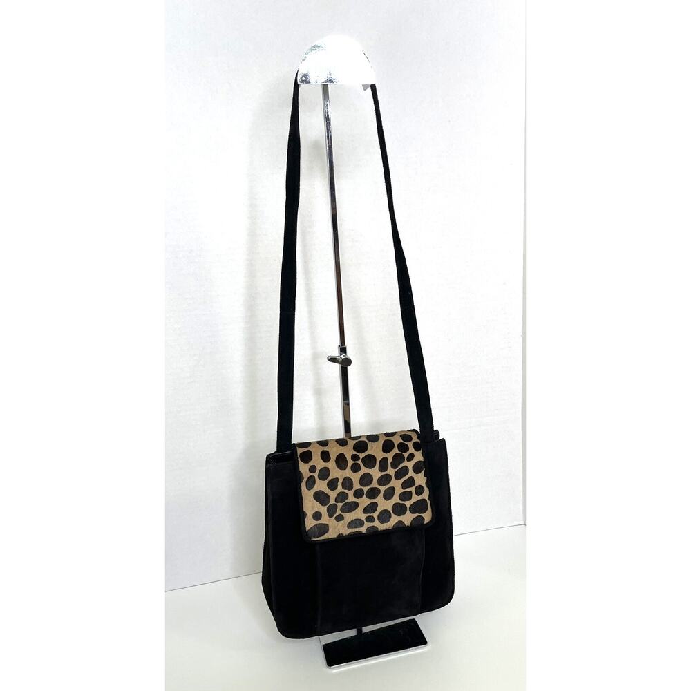 J Renee Vintage Black Suede Shoulder Handbag with Cheetah Print